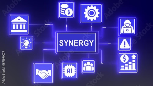 Strategic Business Intelligence and Financial Synergy Concept On The black background, Business Analytics and Decision-Making Workflow Animation.