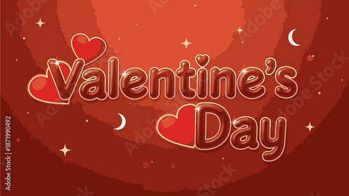 Valentine's Day greeting card design with hearts and stars on a red background, featuring a festive and romantic mood with a shallow focus effect.