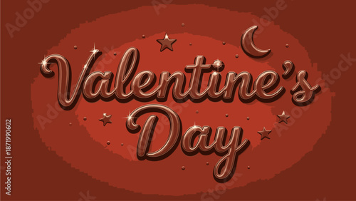 Graphic design of Valentine's Day text with stars and a crescent moon on a red background with a shiny effect.