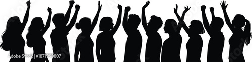 Silhouette of Twelve People Raising Arms in Unity, Protest, or Celebration for Social, Cultural, Political, or Collective Expression and Solidarity
