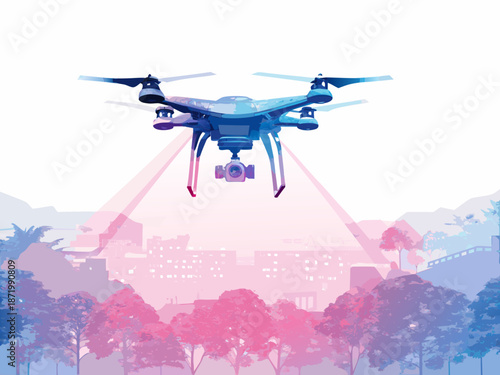 Drone flying over cityscape with camera capturing aerial view