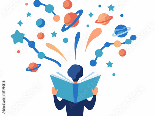 Person reading book with planets and stars floating above
