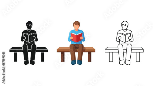 Person sitting on a bench reading a book, silhouette, color illustration, and outline drawing
