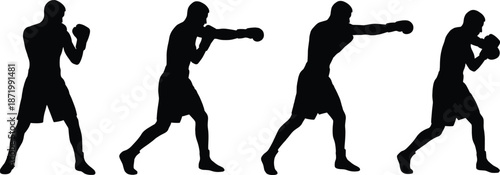 Silhouette Sequence of Boxer Demonstrating Jab Punch Technique, Representing Combat Training, Athletic Motion, and Martial Arts Instruction Concept