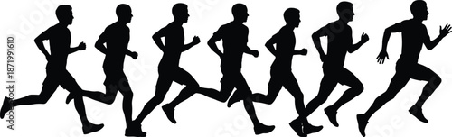 Silhouette Sequence of Seven Runners in Motion Capturing Athletic Stride Phases for Sports, Animation, Fitness, or Biomechanics Concepts