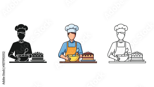 Chef or baker preparing a cake, solid silhouette, color illustration, and outline drawing