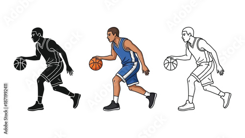 Basketball player dribbling a ball, silhouette, color illustration, and line art drawing