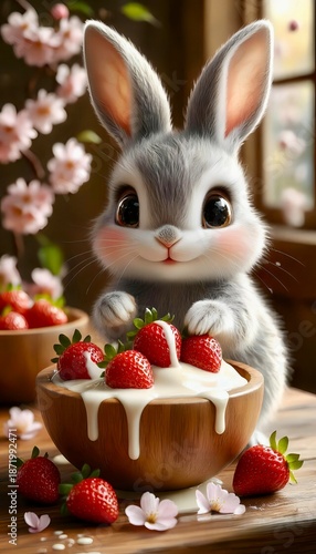 a cartoon bunny eating strawberries with milk