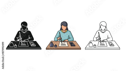 Woman practicing calligraphy at a desk with ink and pen, silhouette, color, and outline icon styles