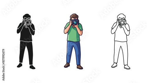 Photographer taking a picture with a camera, silhouette, color illustration, and outline drawing