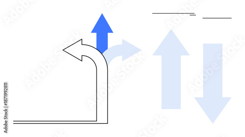 Curved arrow shifts direction upward with a blue arrow symbolizing growth. Transparent pale arrows in the background hint at alternative pathways. Ideal for strategy, decision-making, growth