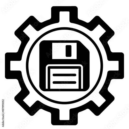 A black and white icon of a gear with a floppy disk