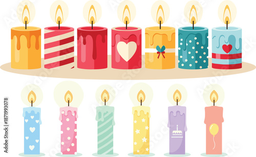 Set of colorful burning birthday candles with diverse patterns and flame isolated on transparent