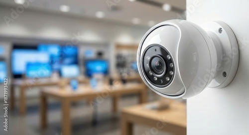 Modern high-tech white security camera mounted on wall monitoring blurred indoor retail store or electronics shop, concept of safety and surveillance in public space.