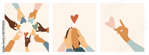 Modern set of cards with hands and hearts.