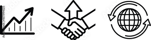 Business growth partnership global outline icons set. Business success line icon collection. Financial growth chart, handshake, and global expansion symbols. business presentations, infographics.
