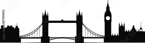 London city skyline silhouette illustration with Tower Bridge and Big Ben, iconic England landmark panorama, black urban travel design