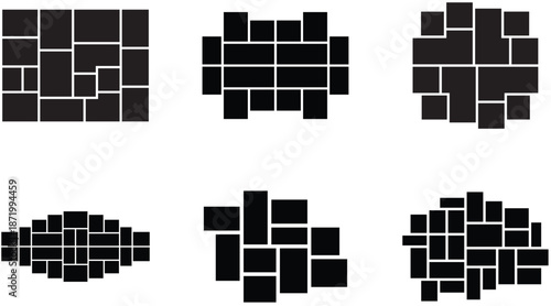 Empty 6 collage Vector photo frame set for memory.  Collage template. Minimal square photo mockup, modern vector layout for branding and presentation.