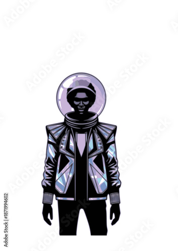 Extra Celestial Space Age Silhouette. Person in Alien Core Fashion with Bubble Helmet for 2026 Intergalactic and Sci-Fi Concept Vector.