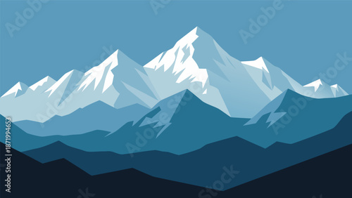 Serene Mountain Landscape Vector Illustration, Majestic Peaks Under Blue Sky
