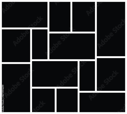 Empty collage for 14 pictures. Vector photo frame for memory.  Collage template. Minimal square photo mockup, modern vector layout for branding and presentation.