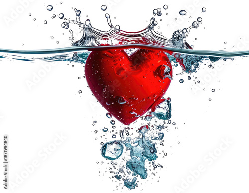 Red heart submerging into clear water, creating splashing effects
