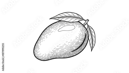 Detailed hand-drawn style of a ripe mango fruit with leaf on stem