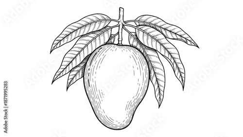 Detailed botanical illustration of a mango fruit with leaves in black and