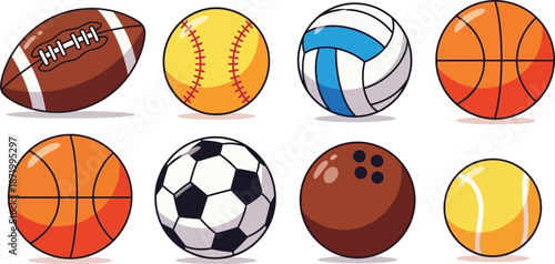 Collection of sports balls icons, football, baseball, volleyball, basketball, soccer, bowling, tennis