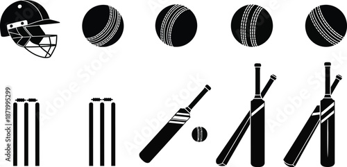 Cricket Sports Equipment Icons Set: Helmet, Ball, Bat, Stumps - Vector Silhouette