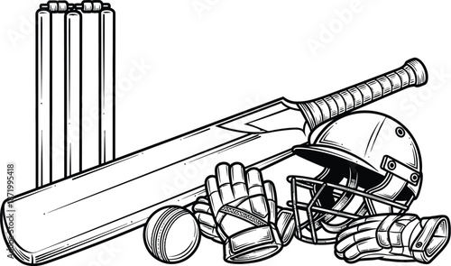 Cricket equipment illustration, bat, helmet, gloves, ball and wickets, sports gear