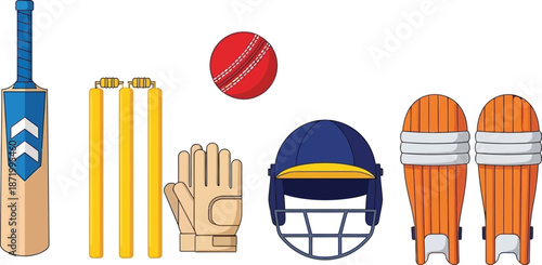 Cricket Gear Equipment Set: Bat, Ball, Stumps, Helmet, Gloves, Pads - Isolated Vector