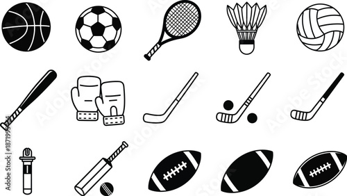 Collection of various sports icons and equipment in black and white