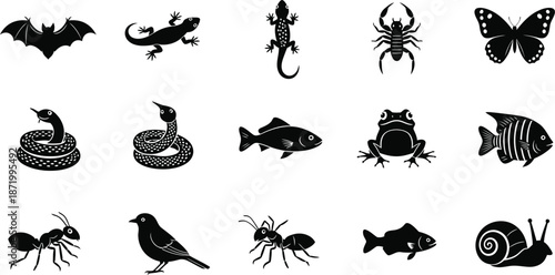 Collection of black animal silhouettes on white background