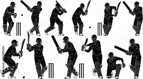 Cricket player in various batting poses, black and white illustration
