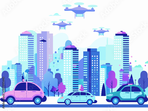 Modern cityscape with flying drones and cars on the road