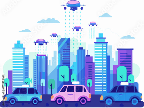 Futuristic cityscape with drones delivering packages to cars