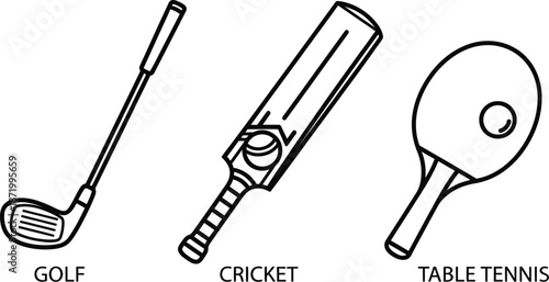 Sports Equipment Icons, Golf Club, Cricket Bat, Table Tennis Paddle