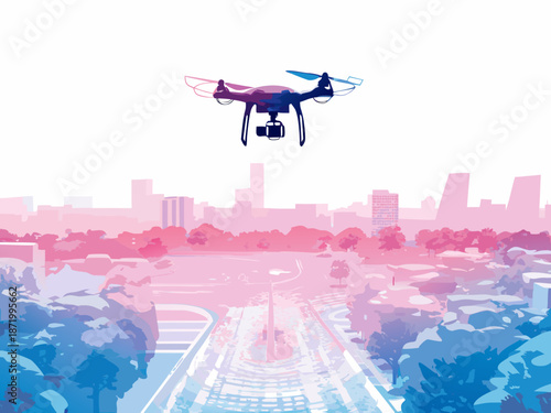 Drone flying over cityscape with vibrant pink and blue hues
