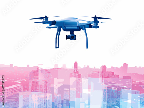 Drone flying over vibrant cityscape with modern skyscrapers
