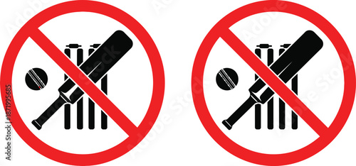 No Cricket Sign, Prohibited Cricket Icon, Red Circle Ban Symbol