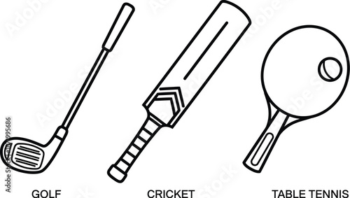Sports Equipment Icons, Golf Club, Cricket Bat, Table Tennis Paddle
