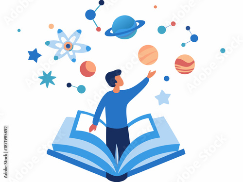 Man exploring astronomy concepts emerging from open book