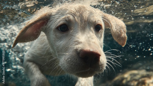 Underwater puppy swimming close up capturing playful canine behavior