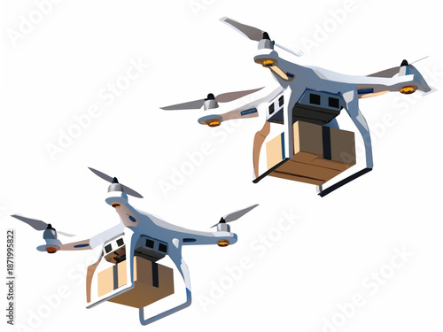 Drones carrying cardboard boxes in modern logistics and delivery