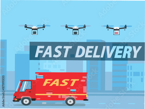 Fast delivery concept with drones and truck in cityscape