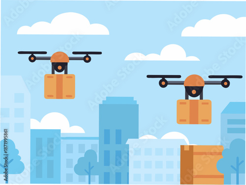 Drones flying over city delivering packages efficiently