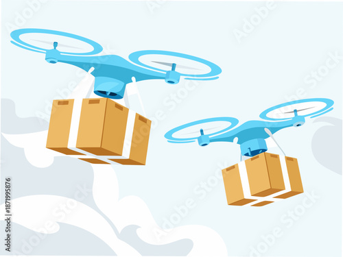 Drones flying with packages in the sky for delivery