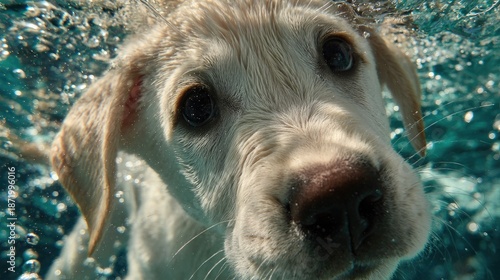Underwater portrait of a labrador retriever swimming in clear water