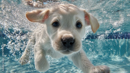 Swimming labrador retriever puppy underwater with clear water and sunlight